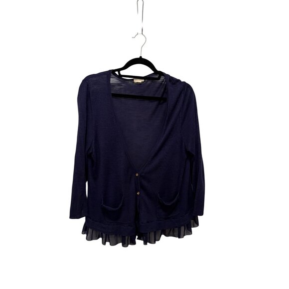 Maison Jules Womens XL Sheer Cardigan With Ruffle Hem & Pockets In Navy Blue Lig - Picture 2 of 7